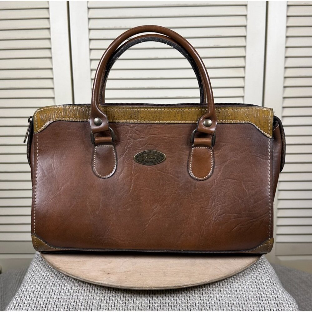Vintage Lorenzo Leather Handbag Brown On Brown Academia Purse Double Handle Bag